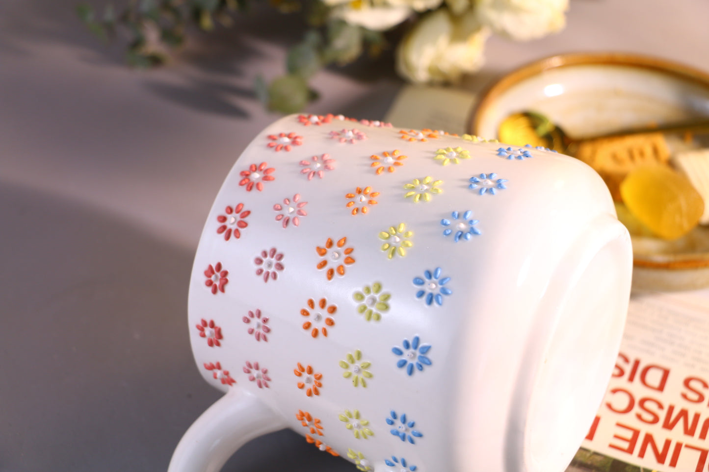 Rainbow Flower Ceramic Coffee Mug, Personalized Handmade Pottery Cup for Gifts