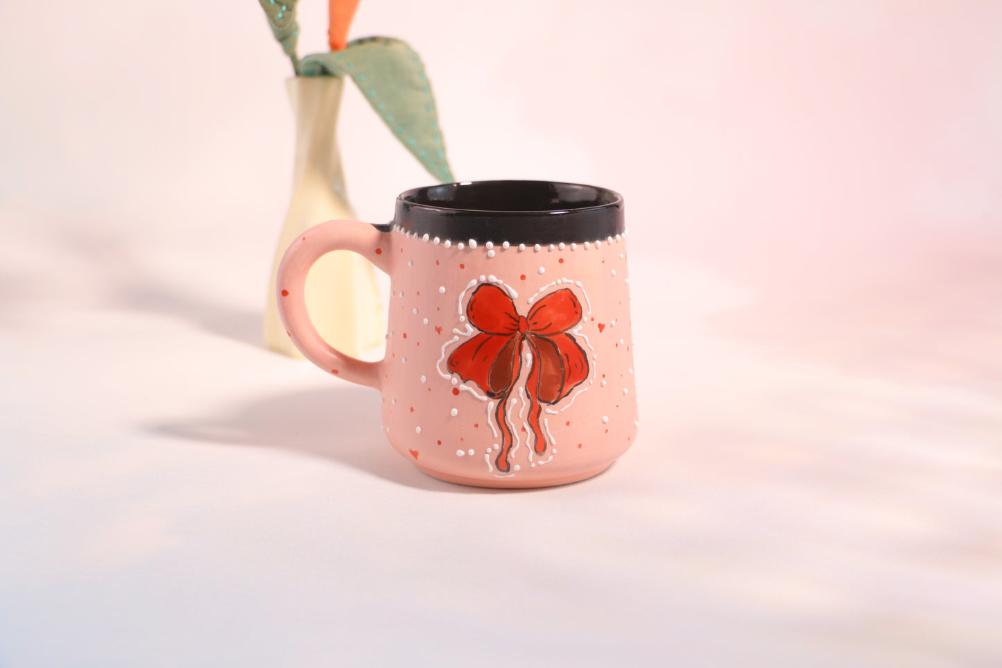 Pink Bow Ceramic Coffee Mug, Personalized Handmade Pottery Cup for Housewarming Gifts