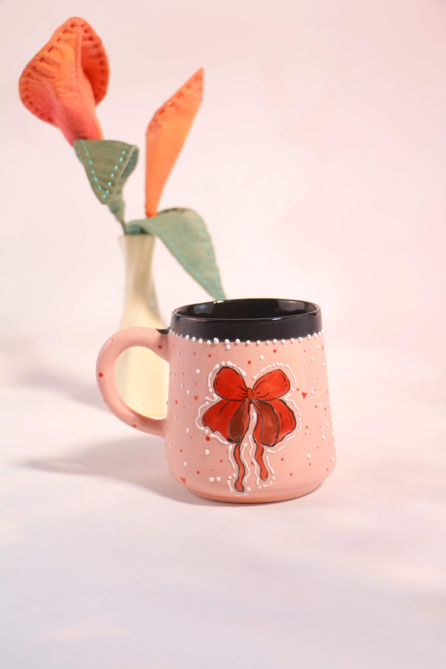 Pink Bow Ceramic Coffee Mug, Personalized Handmade Pottery Cup for Housewarming Gifts