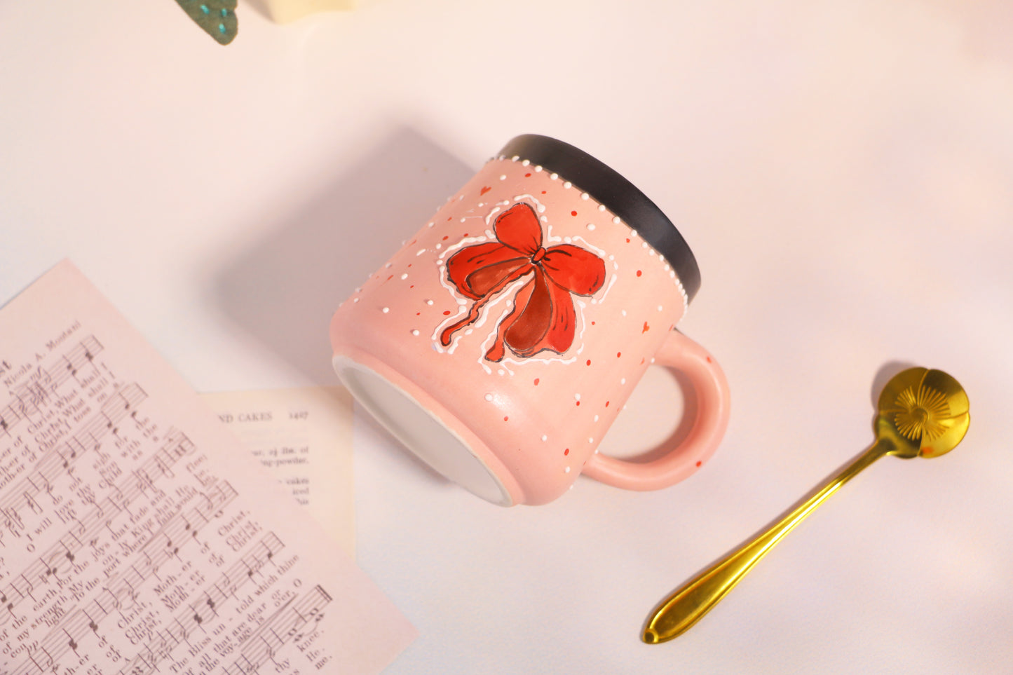 Pink Bow Ceramic Coffee Mug, Personalized Handmade Pottery Cup for Housewarming Gifts