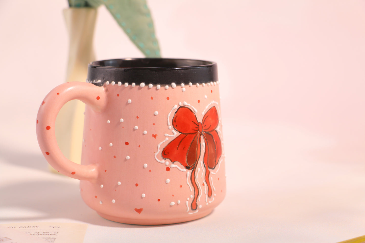 Pink Bow Ceramic Coffee Mug, Personalized Handmade Pottery Cup for Housewarming Gifts