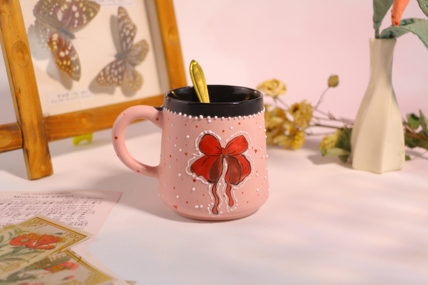 Pink Bow Ceramic Coffee Mug, Personalized Handmade Pottery Cup for Housewarming Gifts