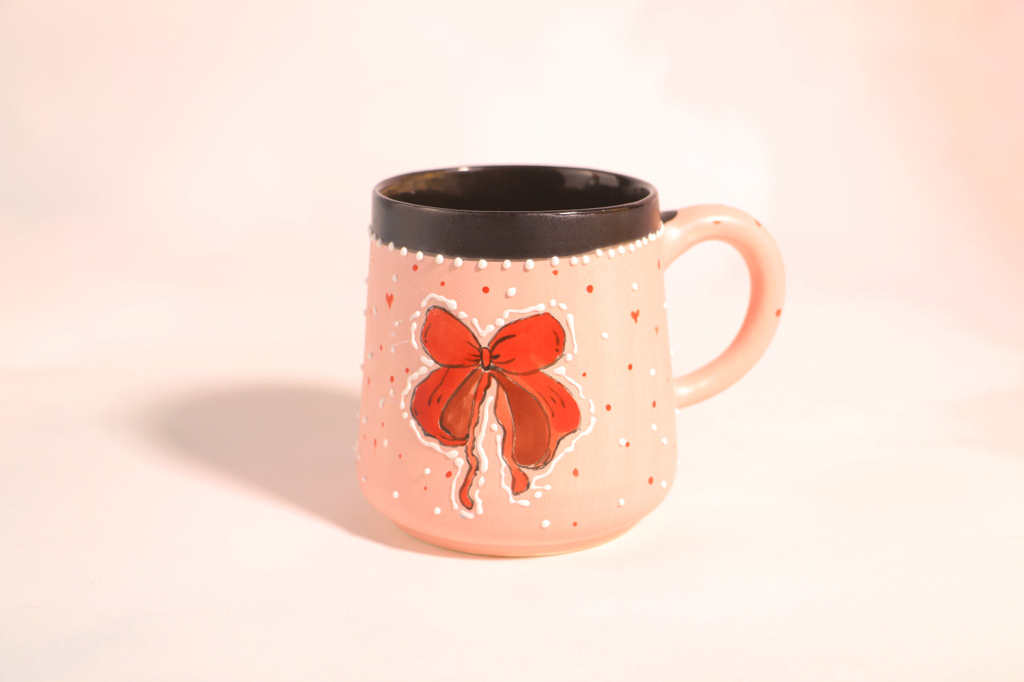 Pink Bow Ceramic Coffee Mug, Personalized Handmade Pottery Cup for Housewarming Gifts