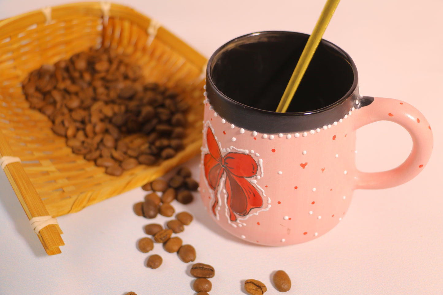 Pink Bow Ceramic Coffee Mug, Personalized Handmade Pottery Cup for Housewarming Gifts