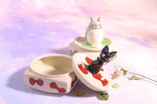 Handmade Totoro&Jiji Ceramic Pet Urn, Custom Pottery Jewelry Box, Personalized Square Cremation Keepsake Urn