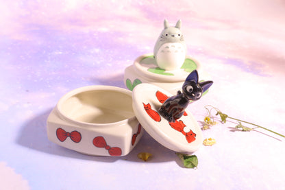 Handmade Totoro&Jiji Ceramic Pet Urn, Custom Pottery Jewelry Box, Personalized Square Cremation Keepsake Urn