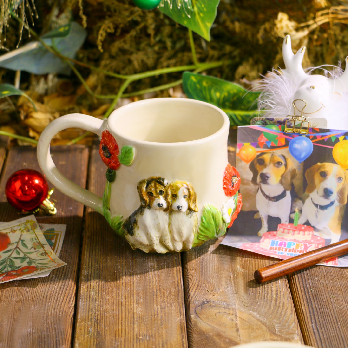 Custom Hand-Sculpted Pet Statue Mug – 3D Ceramic Portrait Cup with Floral Details