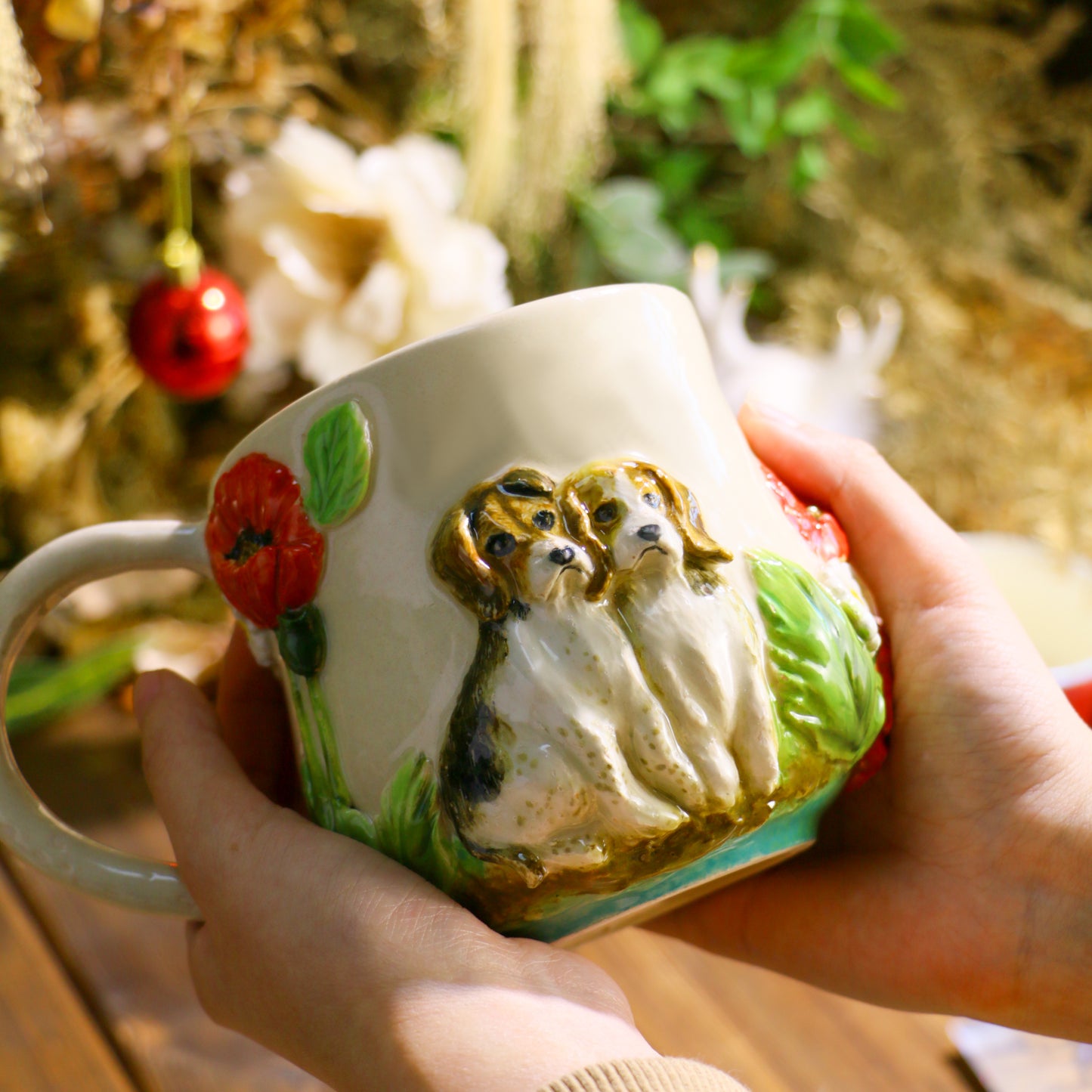 Custom Hand-Sculpted Pet Statue Mug – 3D Ceramic Portrait Cup with Floral Details