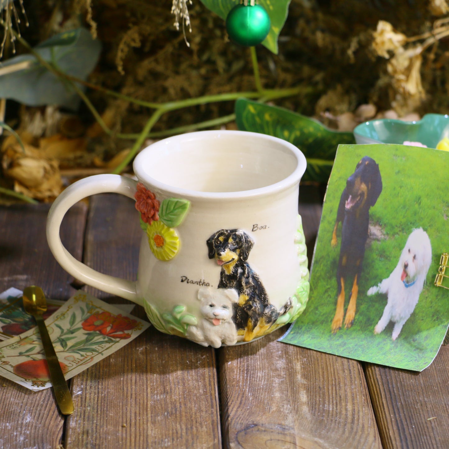 Custom Hand-Sculpted Pet Statue Mug – 3D Ceramic Portrait Cup with Floral Details