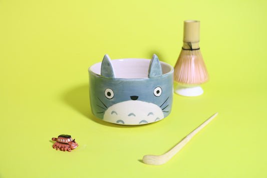 Hand painted Totoro Ceramic Matcha Bowl Set, Custom Cute Pottery Matcha Set for Tea Lovers