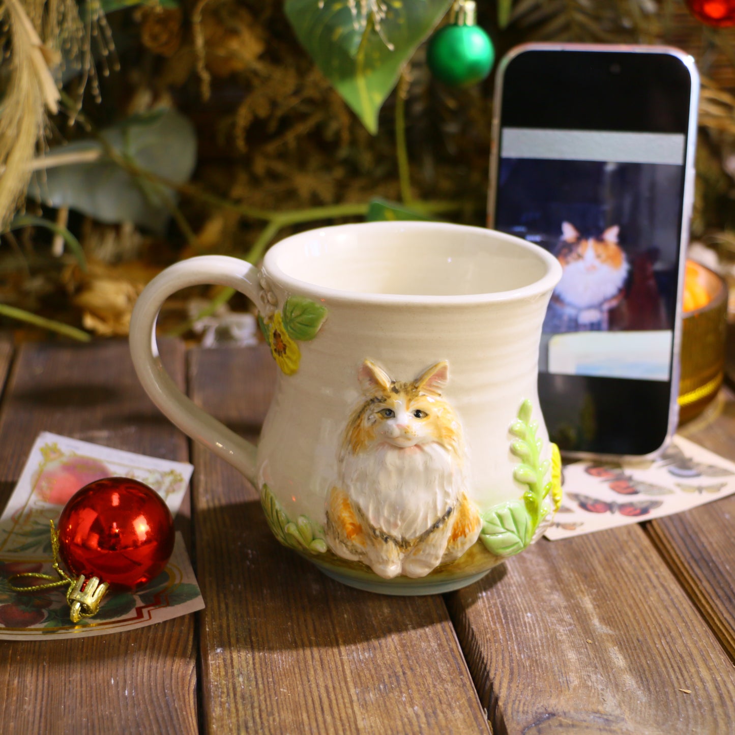 Custom Hand-Sculpted Pet Statue Mug – 3D Ceramic Portrait Cup with Floral Details