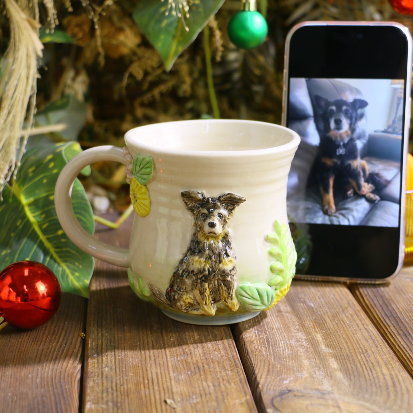 Custom Hand-Sculpted Pet Statue Mug – 3D Ceramic Portrait Cup with Floral Details