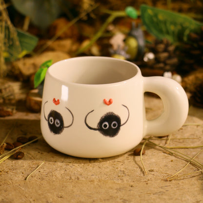 Hand-Painted Soot Sprites Coffee Cup With 3D Heart Accents, Cute Ceramic Coffee Mug