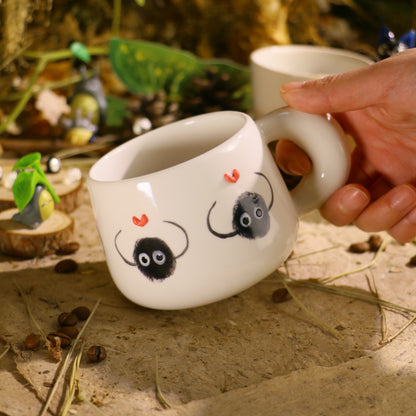 Hand-Painted Soot Sprites Coffee Cup With 3D Heart Accents, Cute Ceramic Coffee Mug