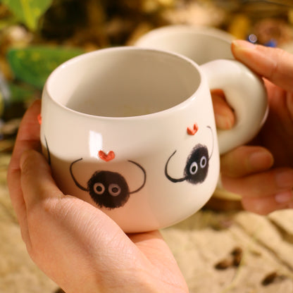 Hand-Painted Soot Sprites Coffee Cup With 3D Heart Accents, Cute Ceramic Coffee Mug