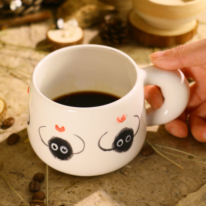 Hand-Painted Soot Sprites Coffee Cup With 3D Heart Accents, Cute Ceramic Coffee Mug