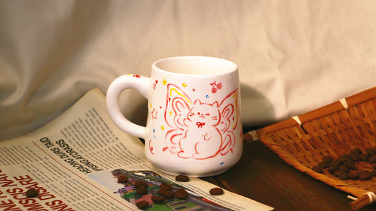 Cute Hand-Painted Cat Ceramic Mug, Pottery Butterfly Cup for Coffee Lovers