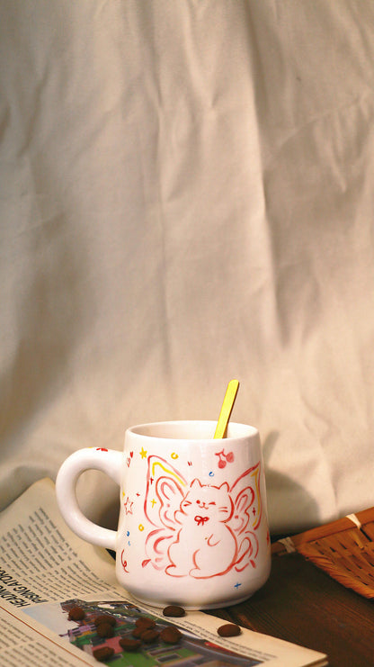 Hand-Painted Butterfly with Cat Mug - Cute Handmade Ceramic Coffee Cup