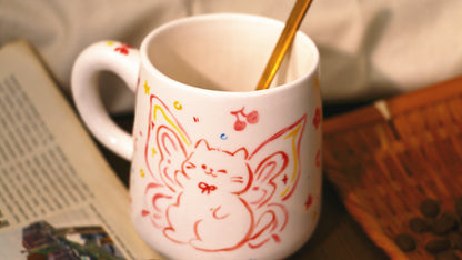 Hand-Painted Butterfly with Cat Mug - Cute Handmade Ceramic Coffee Cup