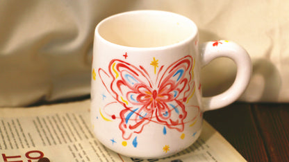 Hand-Painted Butterfly with Cat Mug - Cute Handmade Ceramic Coffee Cup