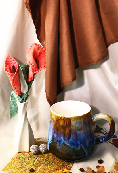 Handgefertigte Keramiktasse – Blaue und braune Tropfglasur, einzigartige Keramiktasse für Kaffee- und Teeliebhaber
