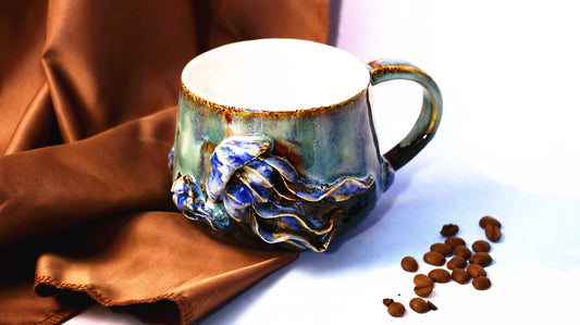 Blue Ocean-Themed Ceramic Mug with 3D Jellyfish and Shell Reliefs Design