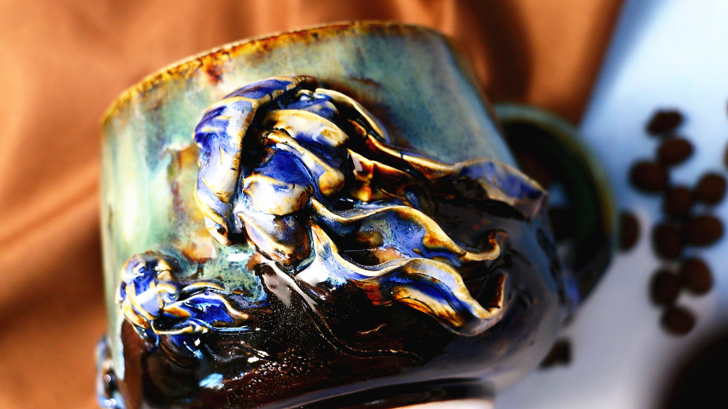 Blue Ocean-Themed Ceramic Mug with 3D Jellyfish and Shell Reliefs Design