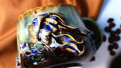 Marine-Themed Handmade Coffee Mug with 3D Jellyfish & Seashell Reliefs Design