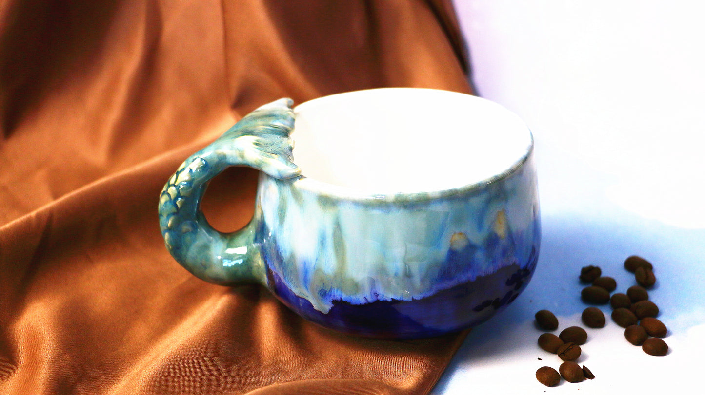 Blue Ocean Ceramic Coffee Mug – Ocean Wave Design and Mermaid Handle