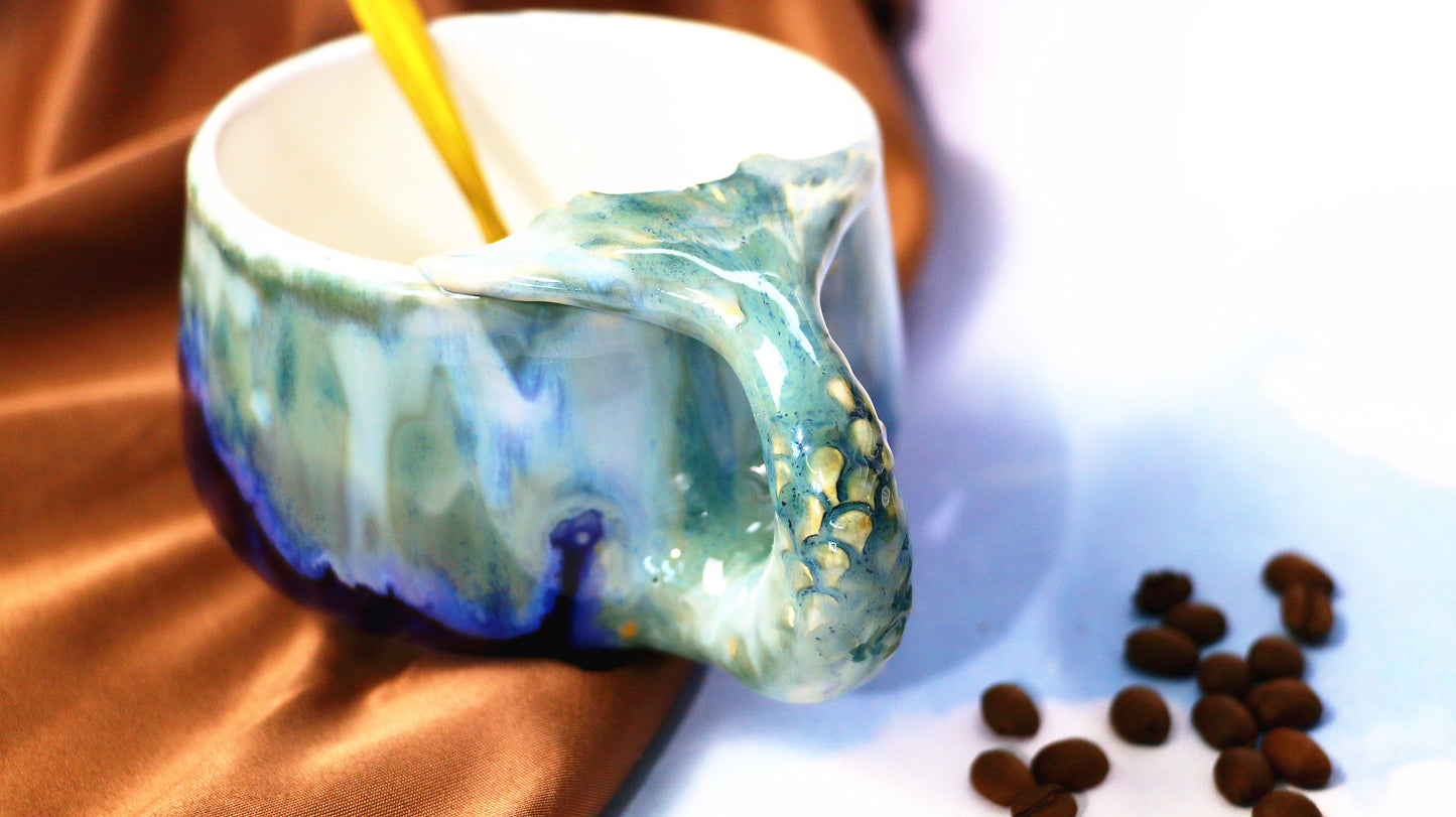 Blue Ocean Ceramic Coffee Mug – Ocean Wave Design and Mermaid Handle