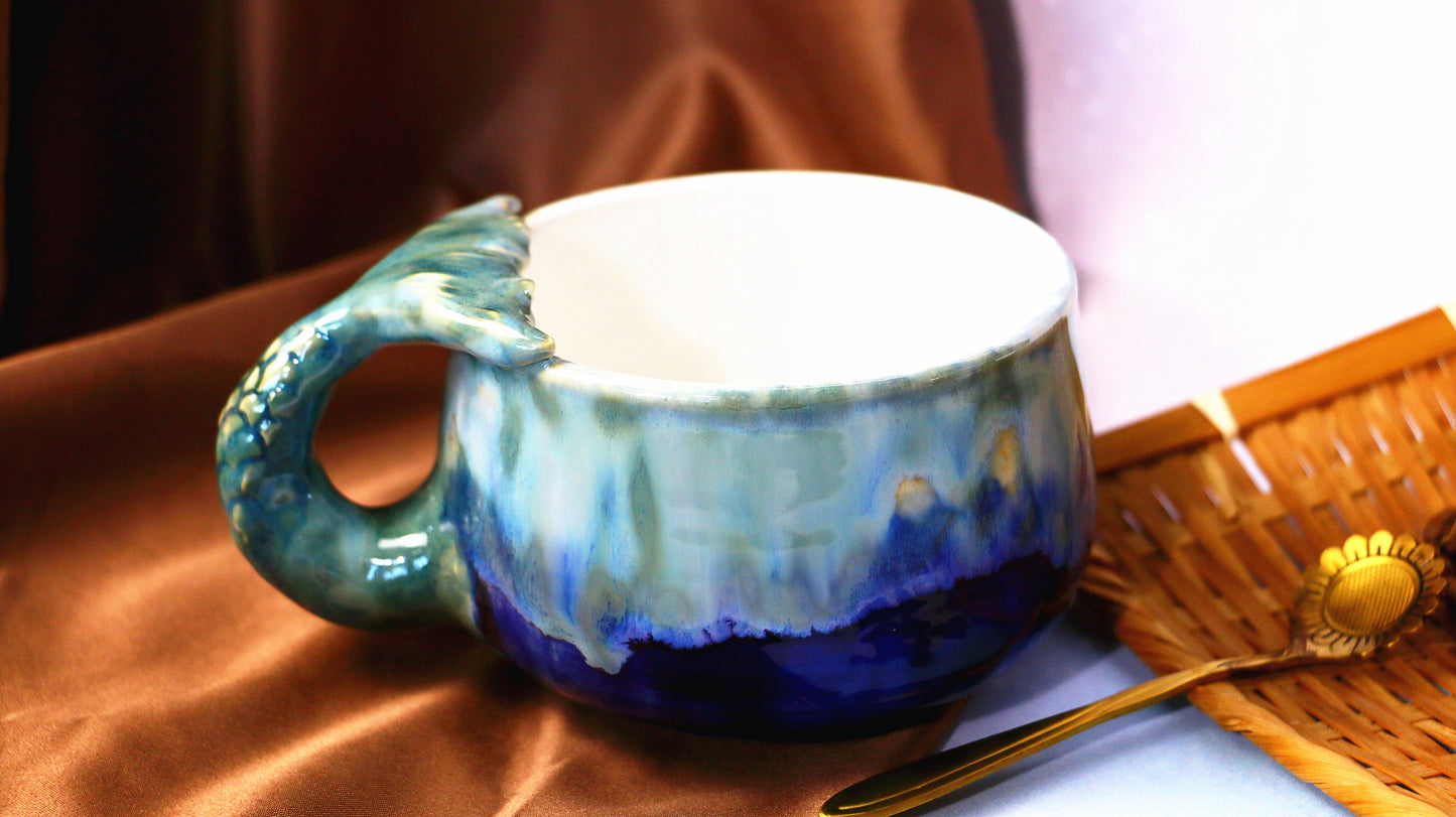 Blue Ocean Ceramic Coffee Mug – Ocean Wave Design and Mermaid Handle