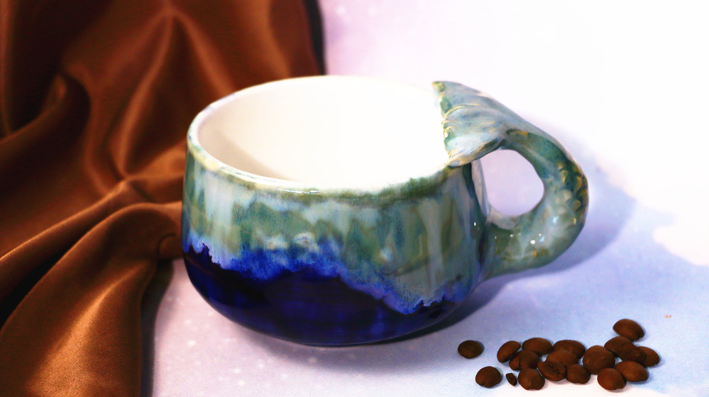 Blue Ocean Ceramic Coffee Mug – Ocean Wave Design and Mermaid Handle