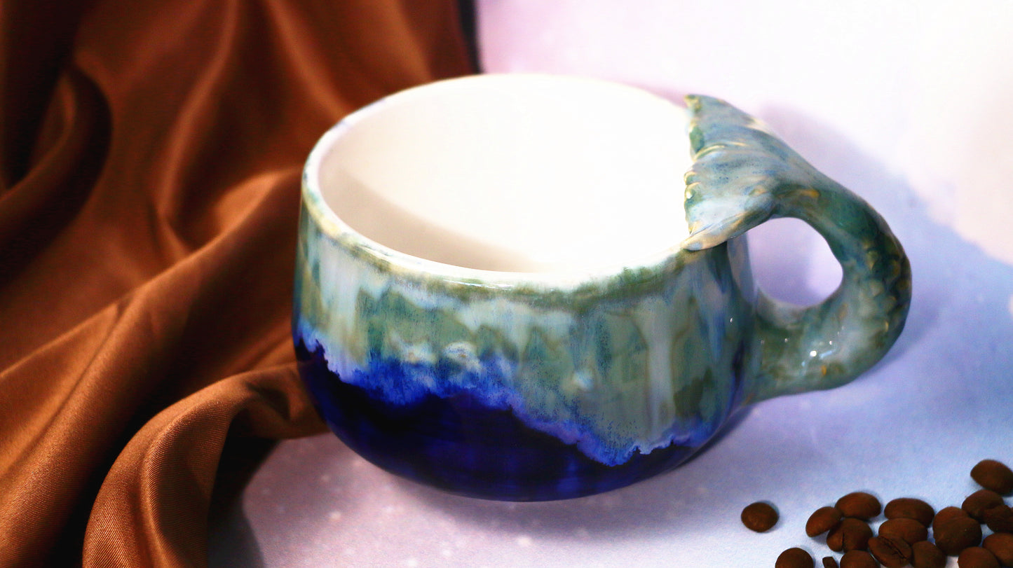 Blue Ocean Ceramic Coffee Mug – Ocean Wave Design and Mermaid Handle