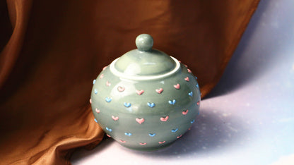 Handmade Round 3D Heart Ceramic Pet Urn, Custom Pottery Keepsake Urn For Ashes
