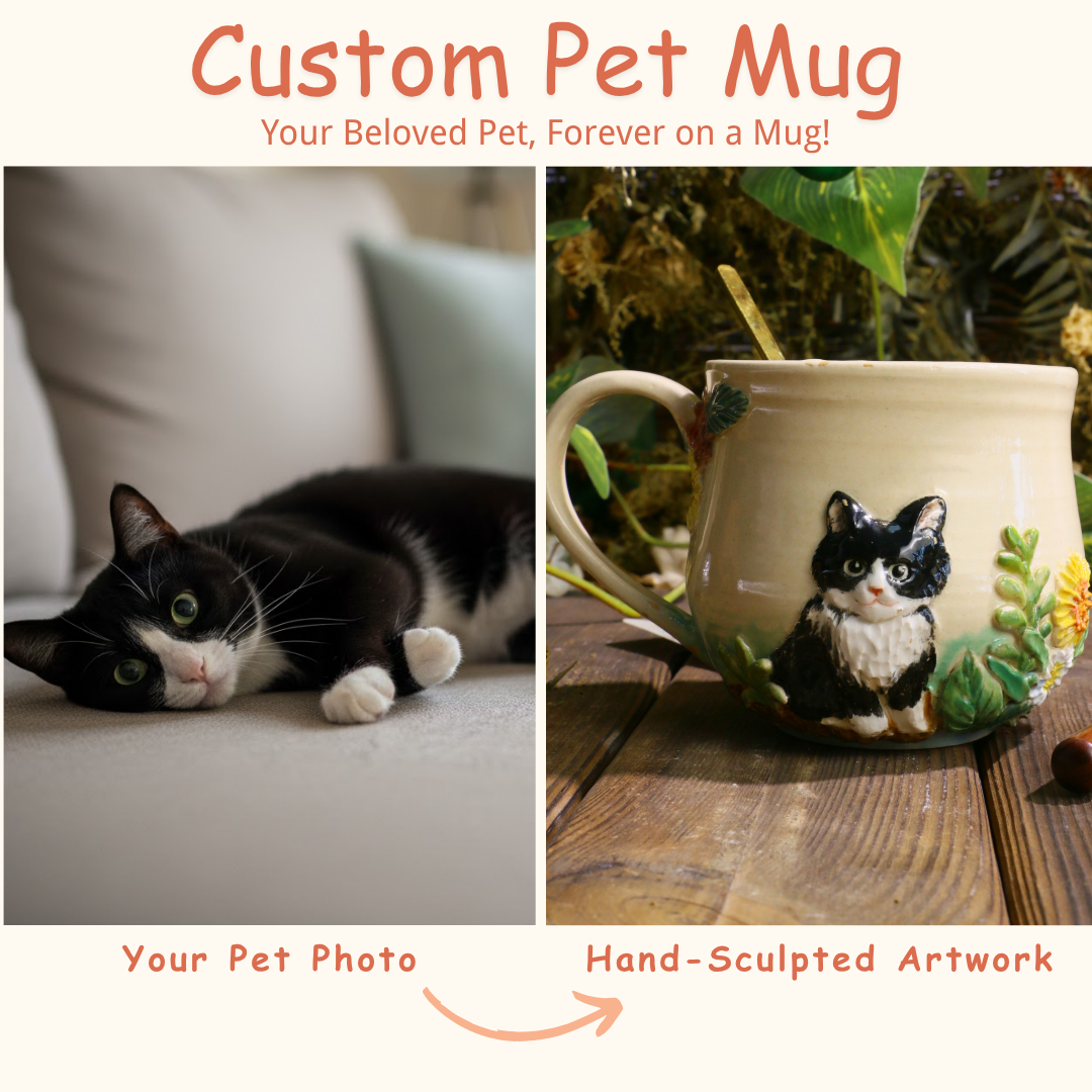 Custom Hand-Sculpted Pet Statue Mug – 3D Ceramic Portrait Cup with Floral Details