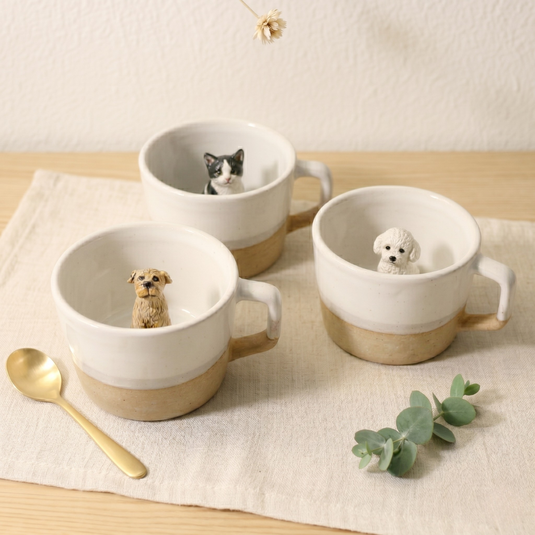 Custom Ceramic Pet Mug, Personalized Coffee Cup with Dog or Cat Figurine