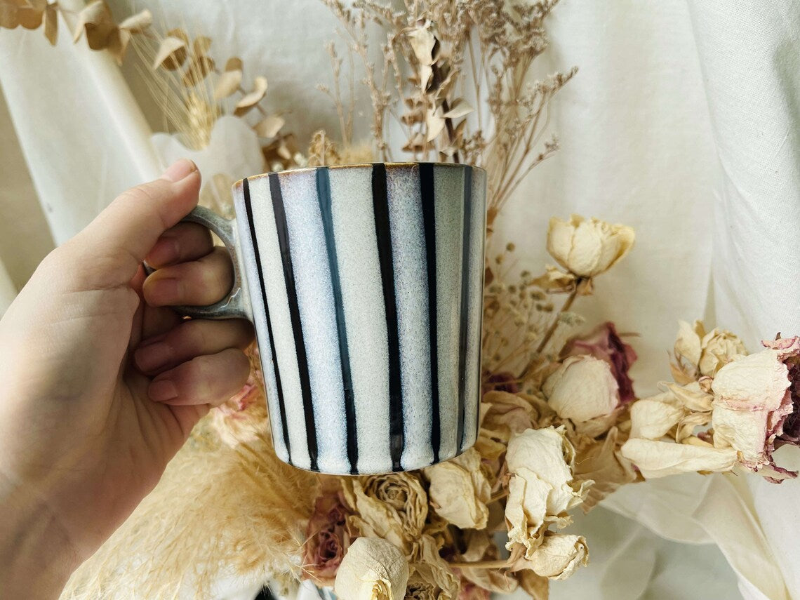 Ceramic Coffee Mug Handmade, 10 Oz Black Stripes Personalized Mug