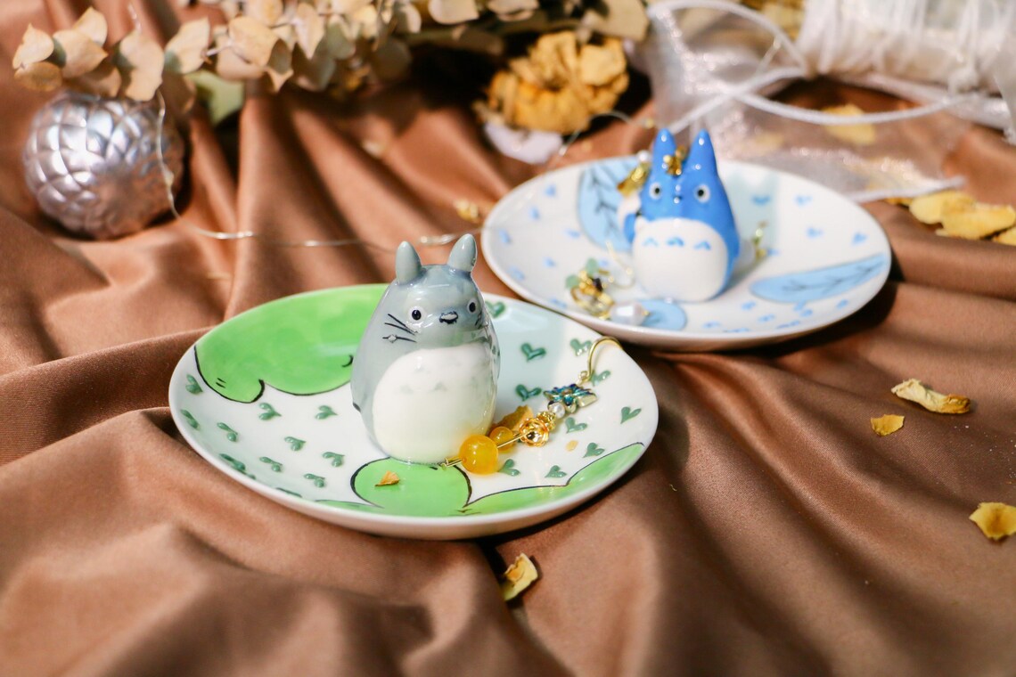 Kawaii Totoro Pottery Ring Dish, Handmade Ceramic Holder Tray For Wedding Gift, Custom Anime Jewelry Tray