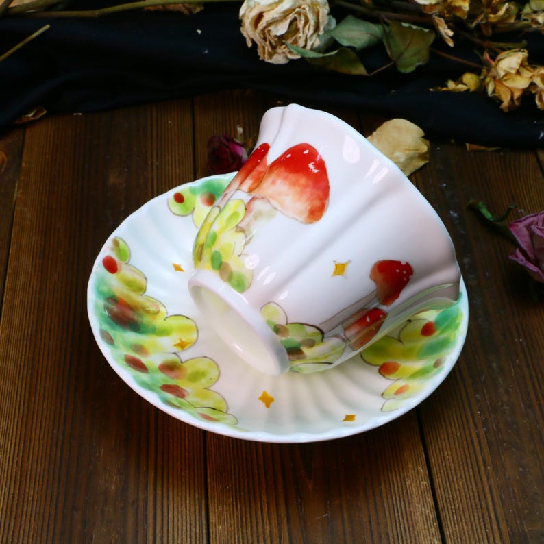 Hand-Painted Ceramic Teacup and Coffee Mug Set, Whimsical Mushroom Garden Design