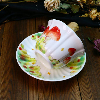 Hand-Painted Ceramic Teacup and Coffee Mug Set, Whimsical Mushroom Garden Design