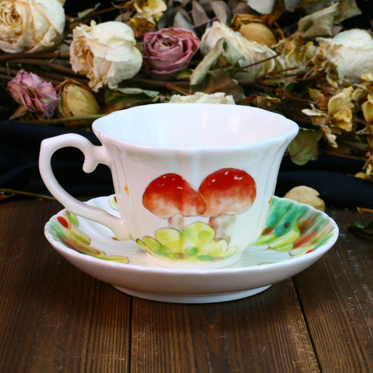Hand-Painted Ceramic Teacup and Coffee Mug Set, Whimsical Mushroom Garden Design