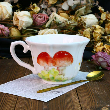 Hand-Painted Ceramic Teacup and Coffee Mug Set, Whimsical Mushroom Garden Design