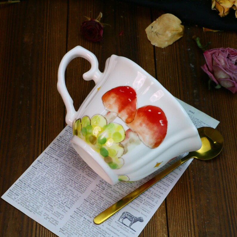 Hand-Painted Ceramic Teacup and Coffee Mug Set, Whimsical Mushroom Garden Design