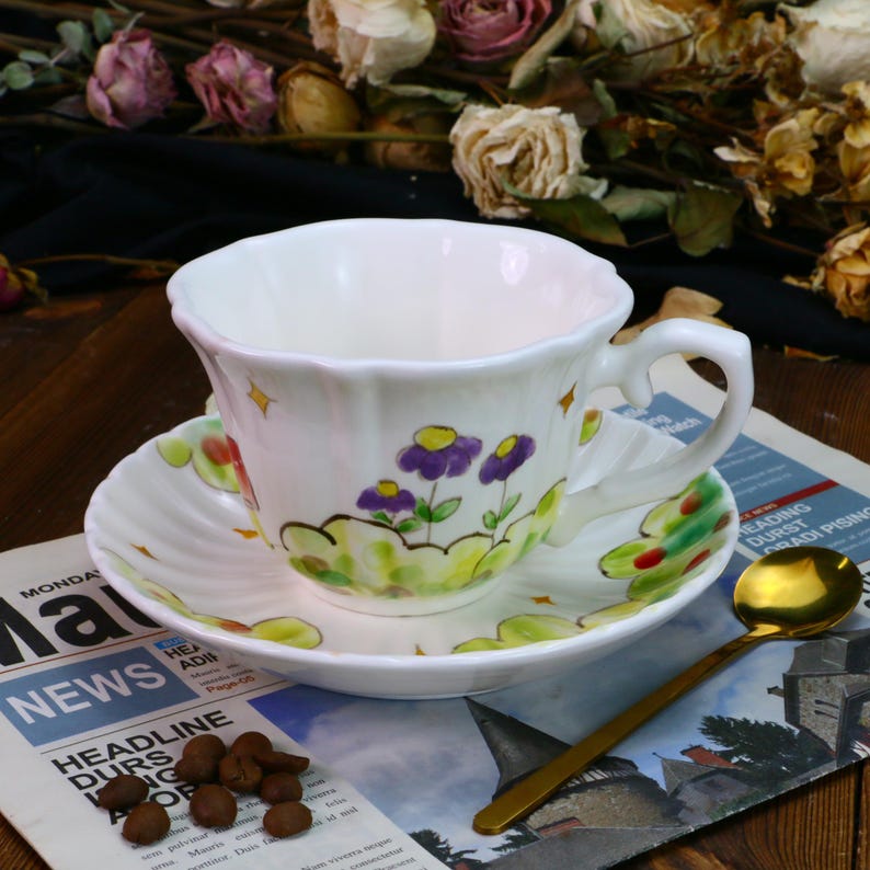 Hand-Painted Ceramic Teacup and Coffee Mug Set, Whimsical Mushroom Garden Design