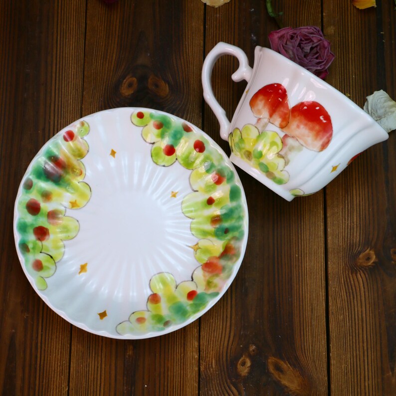 Hand-Painted Ceramic Teacup and Coffee Mug Set, Whimsical Mushroom Garden Design
