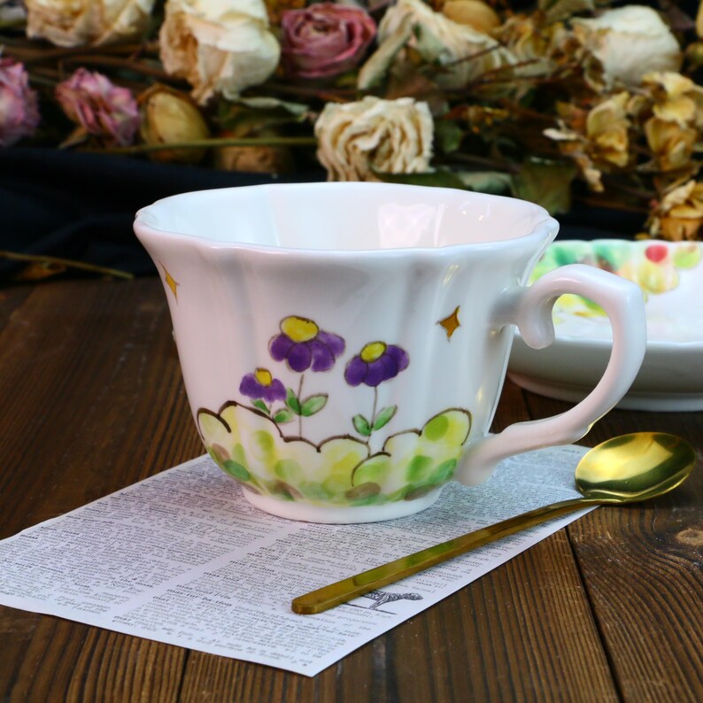 Hand-Painted Ceramic Teacup and Coffee Mug Set, Whimsical Mushroom Garden Design