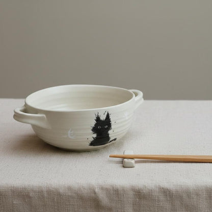 Black Cat Ramen Bowl, Handmade Ceramic Anime Dish with Handles
