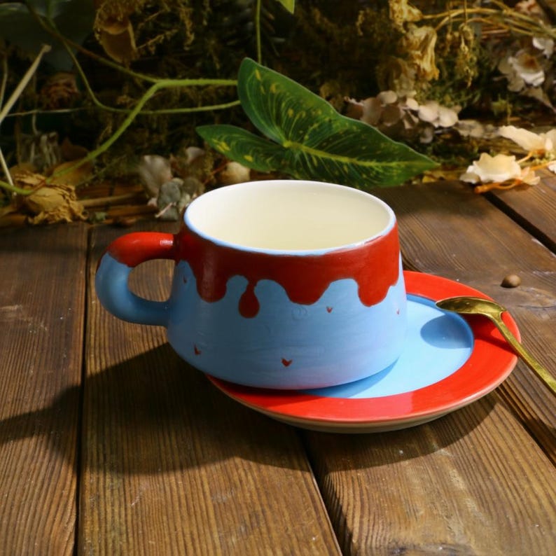 Red Blue Drip Glaze Mug Set – Handmade Ceramic Cup with Matching Saucer