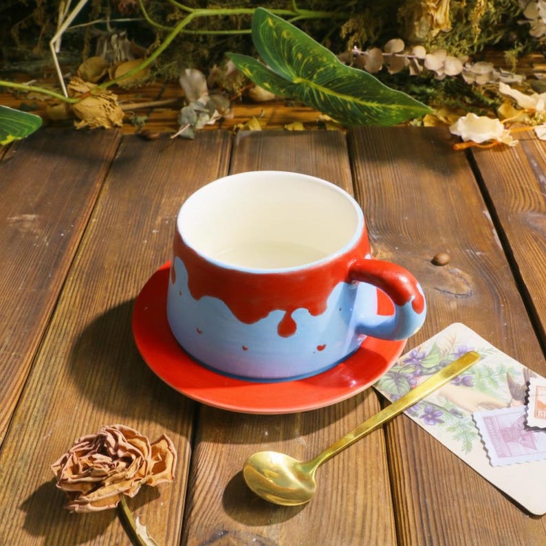 Red Blue Drip Glaze Mug Set – Handmade Ceramic Cup with Matching Saucer