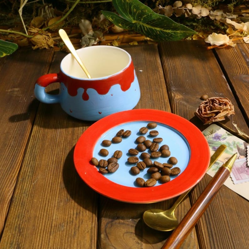 Red Blue Drip Glaze Mug Set – Handmade Ceramic Cup with Matching Saucer